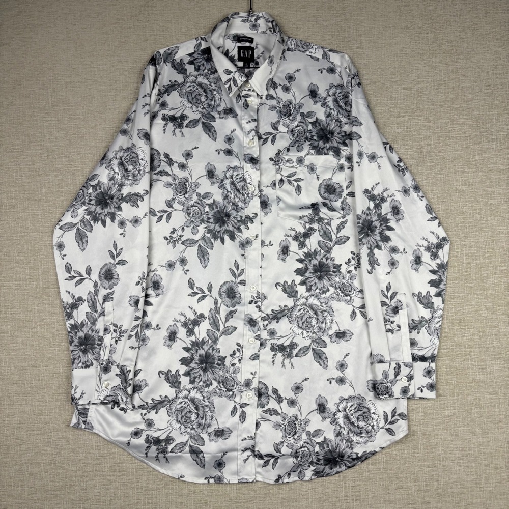 GAP Boyfriend Shirt Satin Floral Button Down White Black Large **New w/ Tags**